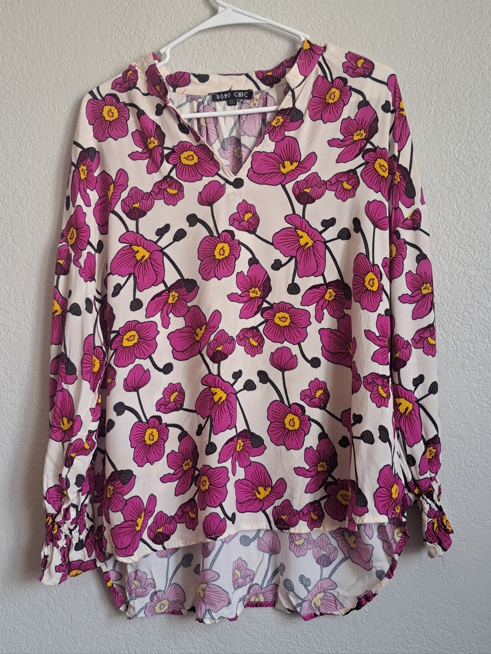 Boho Chic White Purple Bright Floral Artsy Popart Blouse Size XL